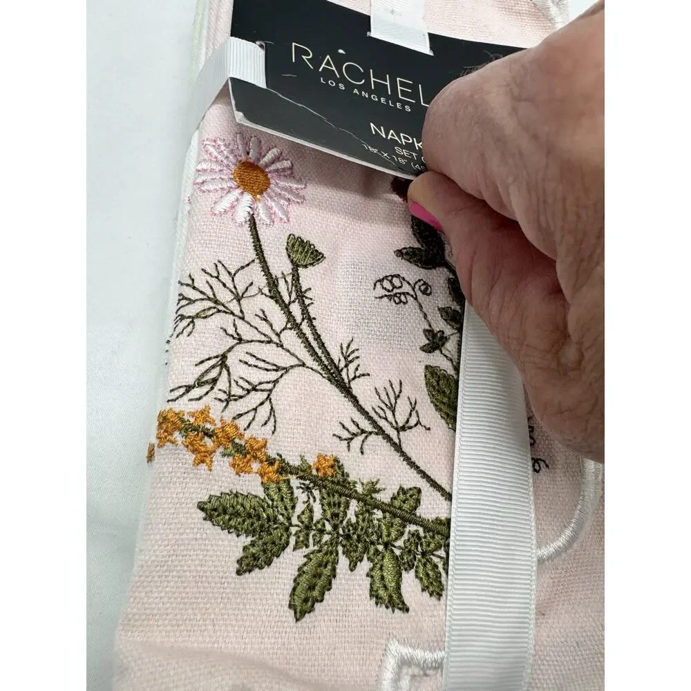 Rachel Zoe Cotton Blend Napkins Set of 6 18x18 Embroidered Floral Cottage Picnic